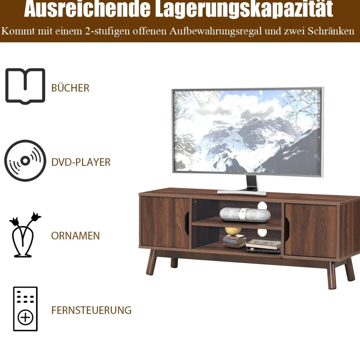 TV-Ständer Fernsehschrank Holz für TVs bis zu 50" Fernsehtisch mit offenem Regal Walnuss