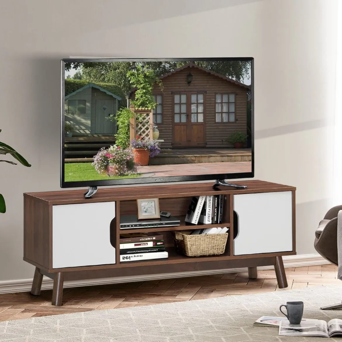 TV-Ständer Fernsehschrank Holz für TVs bis zu 50" Fernsehtisch mit offenem Regal Weiß