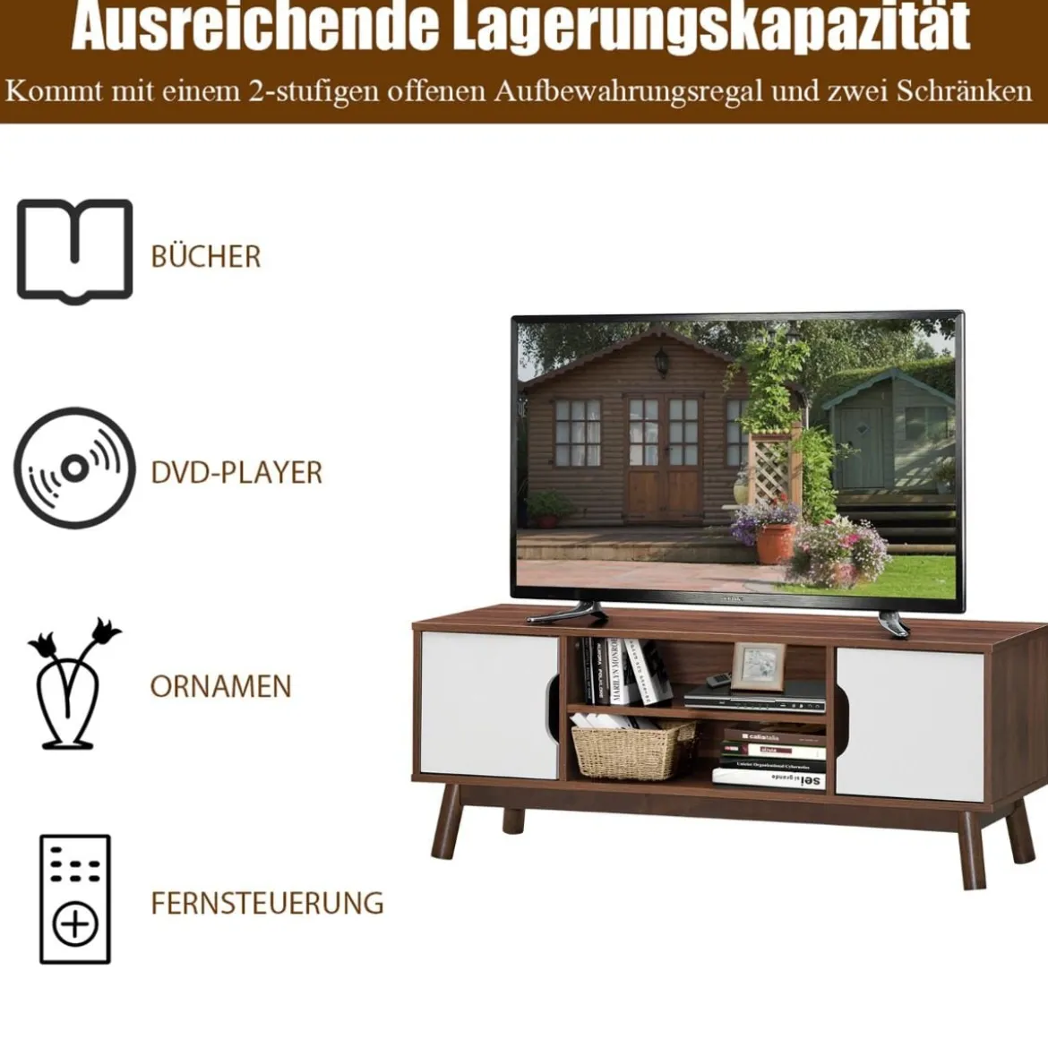 TV-Ständer Fernsehschrank Holz für TVs bis zu 50" Fernsehtisch mit offenem Regal Weiß