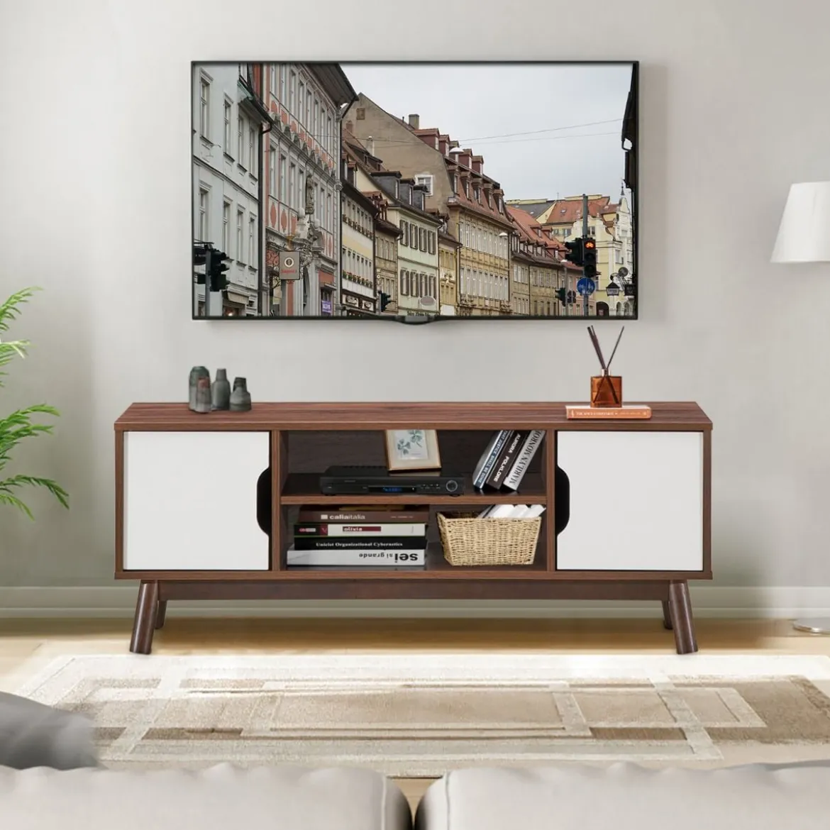 TV-Ständer Fernsehschrank Holz für TVs bis zu 50" Fernsehtisch mit offenem Regal Weiß