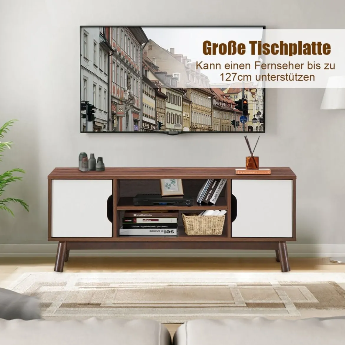 TV-Ständer Fernsehschrank Holz für TVs bis zu 50" Fernsehtisch mit offenem Regal Weiß