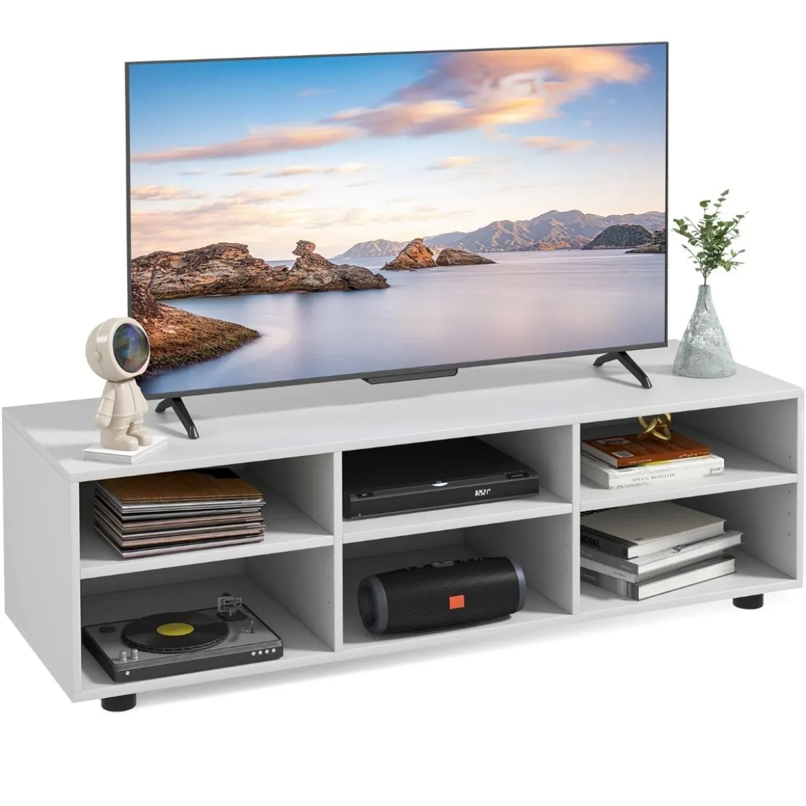 TV-Ständer für Fernseher bis 55 Zoll TV-Schrank mit 6 Ablagefächern Weiß