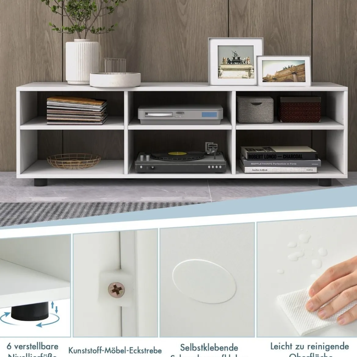 TV-Ständer für Fernseher bis 55 Zoll TV-Schrank mit 6 Ablagefächern Weiß