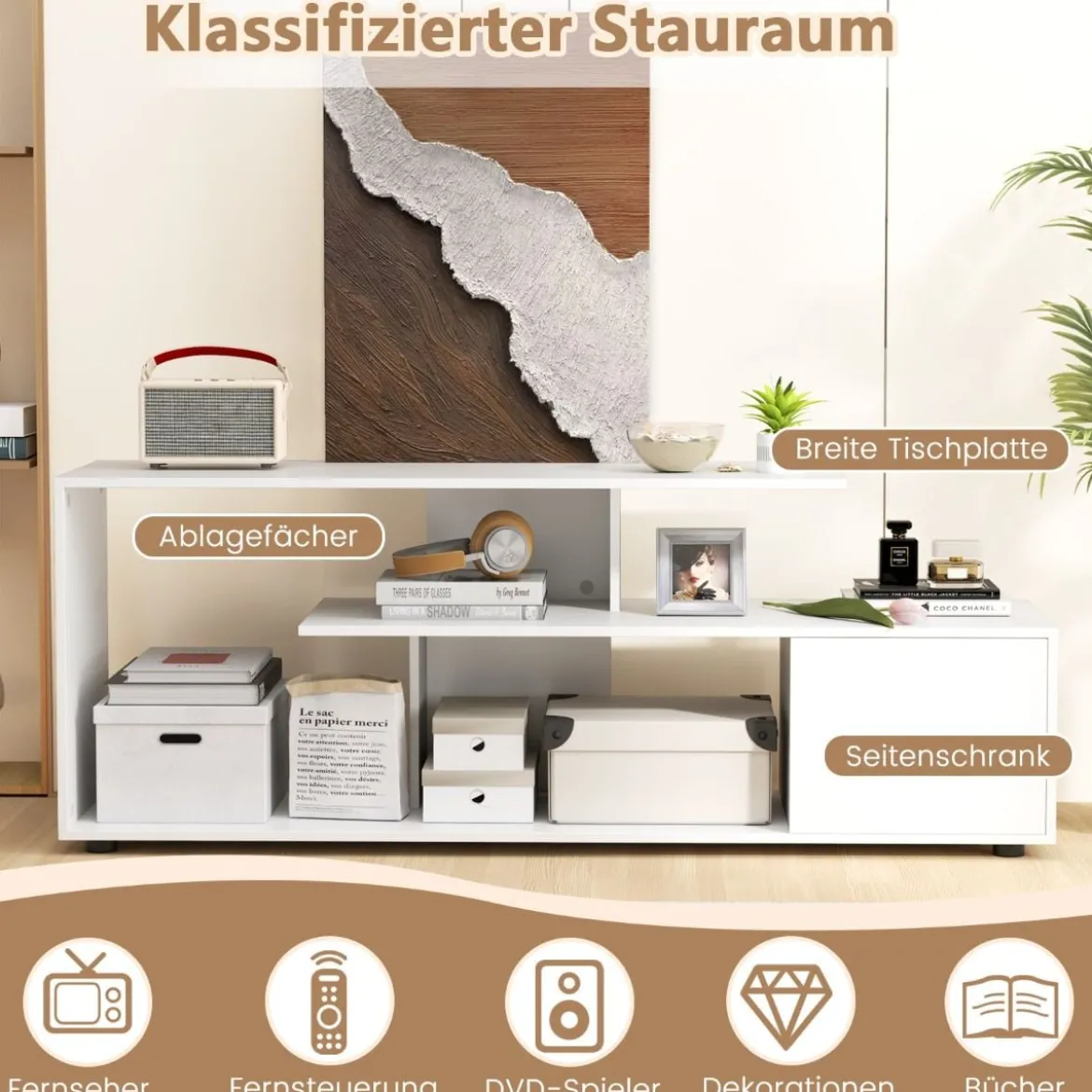 TV-Ständer für Fernseher bis zu 55 Zoll mit Ablageflächen & Schrank TV Schrank Lowboard