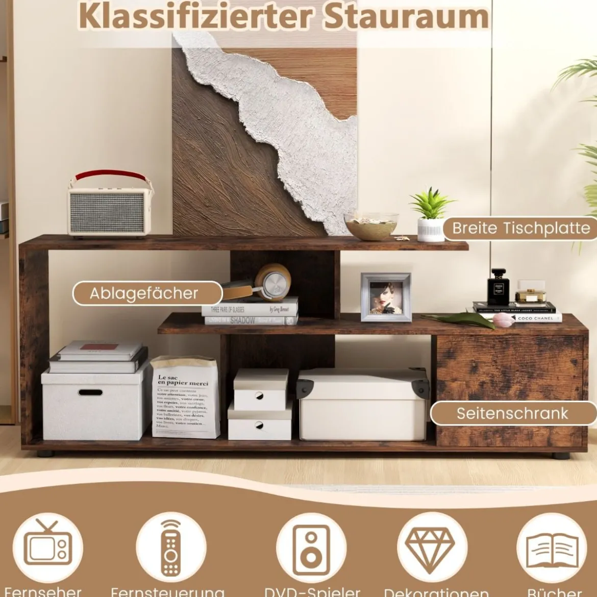 TV-Ständer für Fernseher bis zu 55 Zoll mit Ablageflächen & Schrank TV Schrank Lowboard