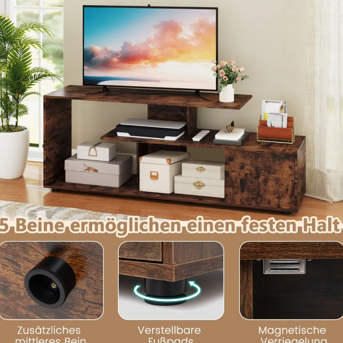 TV-Ständer für Fernseher bis zu 55 Zoll mit Ablageflächen & Schrank TV Schrank Lowboard