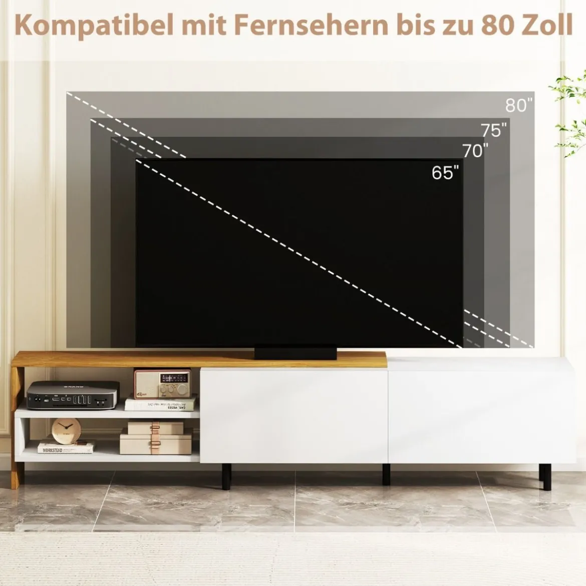 TV-Ständer für 80 Zoll Fernseher mit Ablagefächern & Schränken & Metallbeinen TV-Schrank Weiß