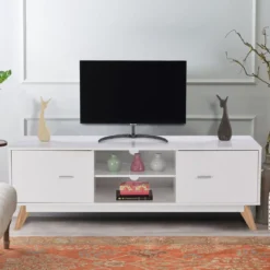 TV-Ständer für 60-Zoll-Fernseher Moderner TV-Konsolentisch mit Stauraum Massivholzfüße Weiß