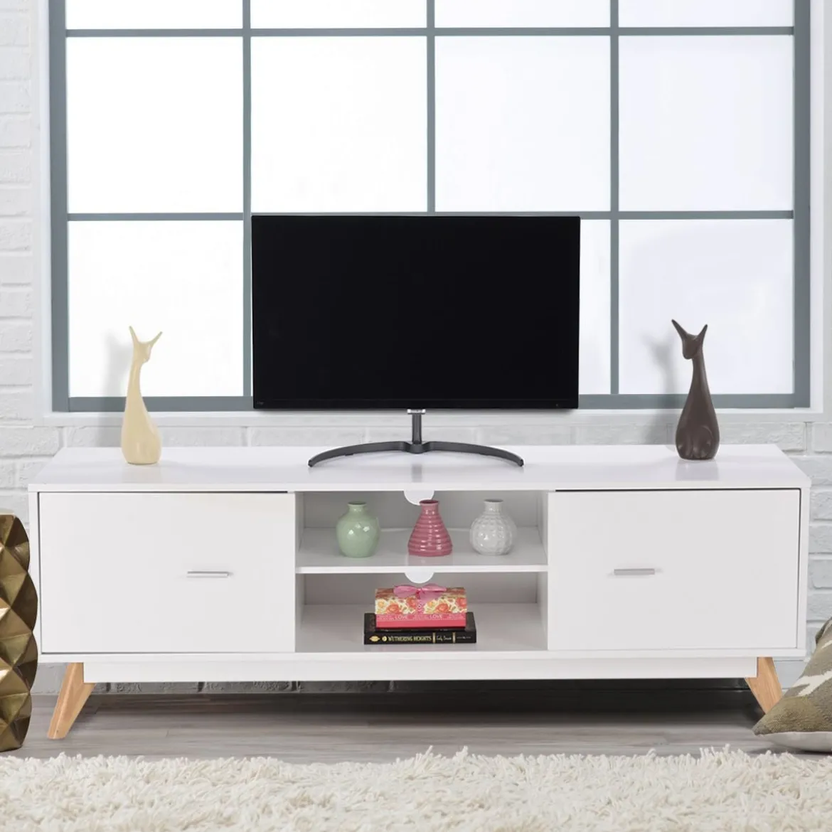 TV-Ständer für 60-Zoll-Fernseher Moderner TV-Konsolentisch mit Stauraum Massivholzfüße Weiß