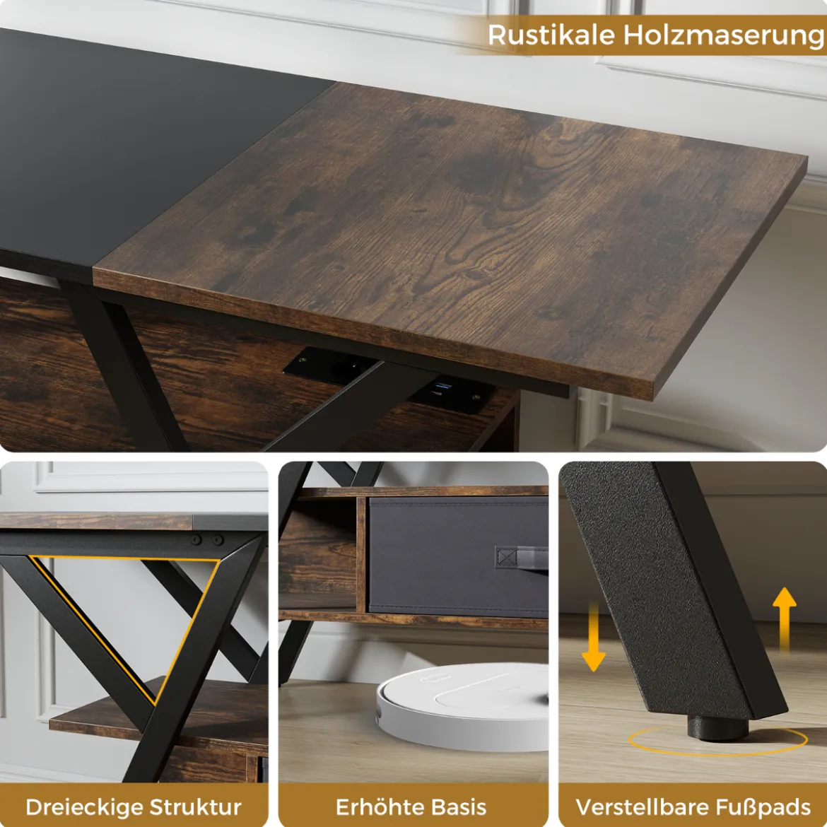 TV-Ständer für 65-Zoll-Fernseher 3-stufiges Entertainment-Center mit LED-Leuchten Schwarz/Rustikal Braun