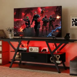 TV-Ständer für 65-Zoll-Fernseher 3-stufiges Entertainment-Center mit LED-Leuchten Schwarz/Rustikal Braun