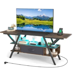 TV-Ständer für 65-Zoll-Fernseher 3-stufiges Entertainment-Center mit LED-Leuchten Schwarz/Rustikal Braun