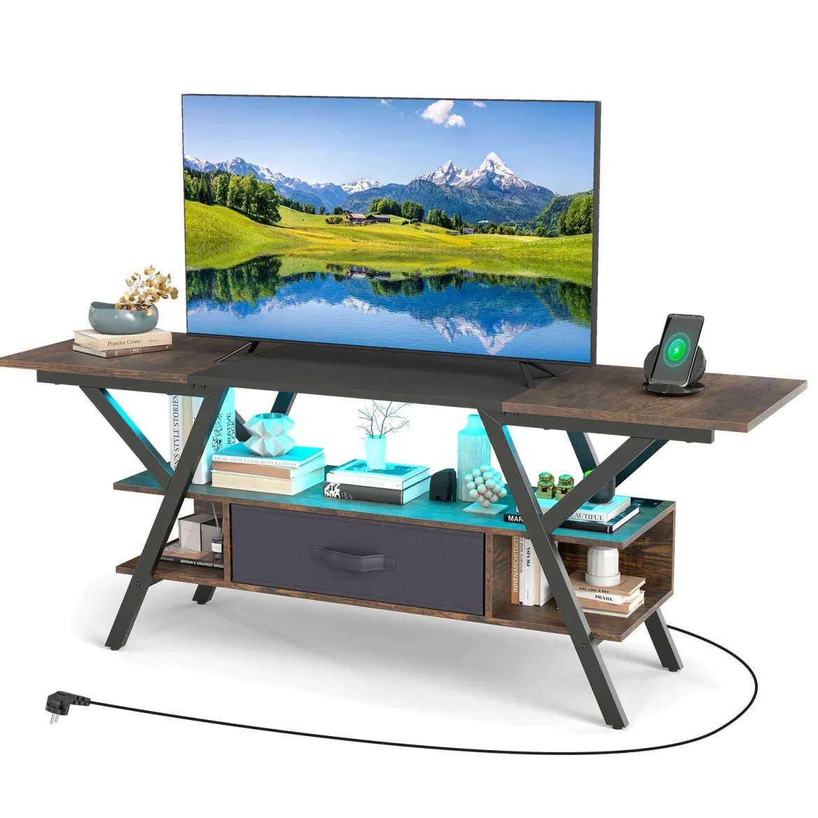 TV-Ständer für 65-Zoll-Fernseher 3-stufiges Entertainment-Center mit LED-Leuchten Schwarz/Rustikal Braun