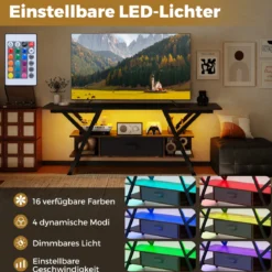 TV-Ständer für 65-Zoll-Fernseher 3-stufiges Entertainment-Center mit LED-Leuchten Schwarz/Rustikal Braun