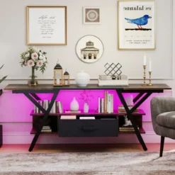 TV-Ständer für 65-Zoll-Fernseher 3-stufiges Entertainment-Center mit LED-Leuchten Schwarz/Rustikal Braun