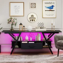 TV-Ständer für 65-Zoll-Fernseher 3-stufiges Entertainment-Center mit LED-Leuchten Schwarz/Rustikal Braun
