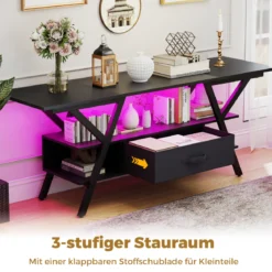 TV-Ständer für 65-Zoll-Fernseher 3-stufiges Entertainment-Center mit LED-Leuchten Schwarz/Rustikal Braun