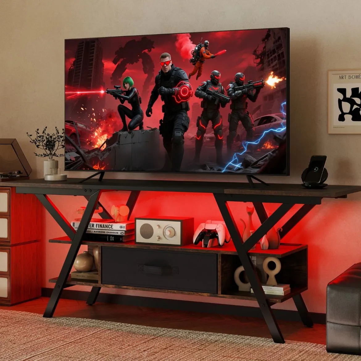 TV-Ständer für 65-Zoll-Fernseher 3-stufiges Entertainment-Center mit LED-Leuchten Schwarz/Rustikal Braun