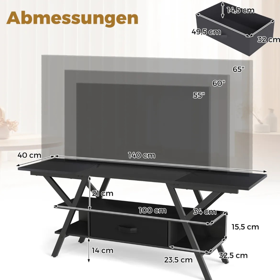 TV-Ständer für 65-Zoll-Fernseher 3-stufiges Entertainment-Center mit LED-Leuchten Schwarz/Rustikal Braun
