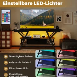 TV-Ständer für 65-Zoll-Fernseher 3-stufiges Entertainment-Center mit LED-Leuchten Schwarz/Rustikal Braun