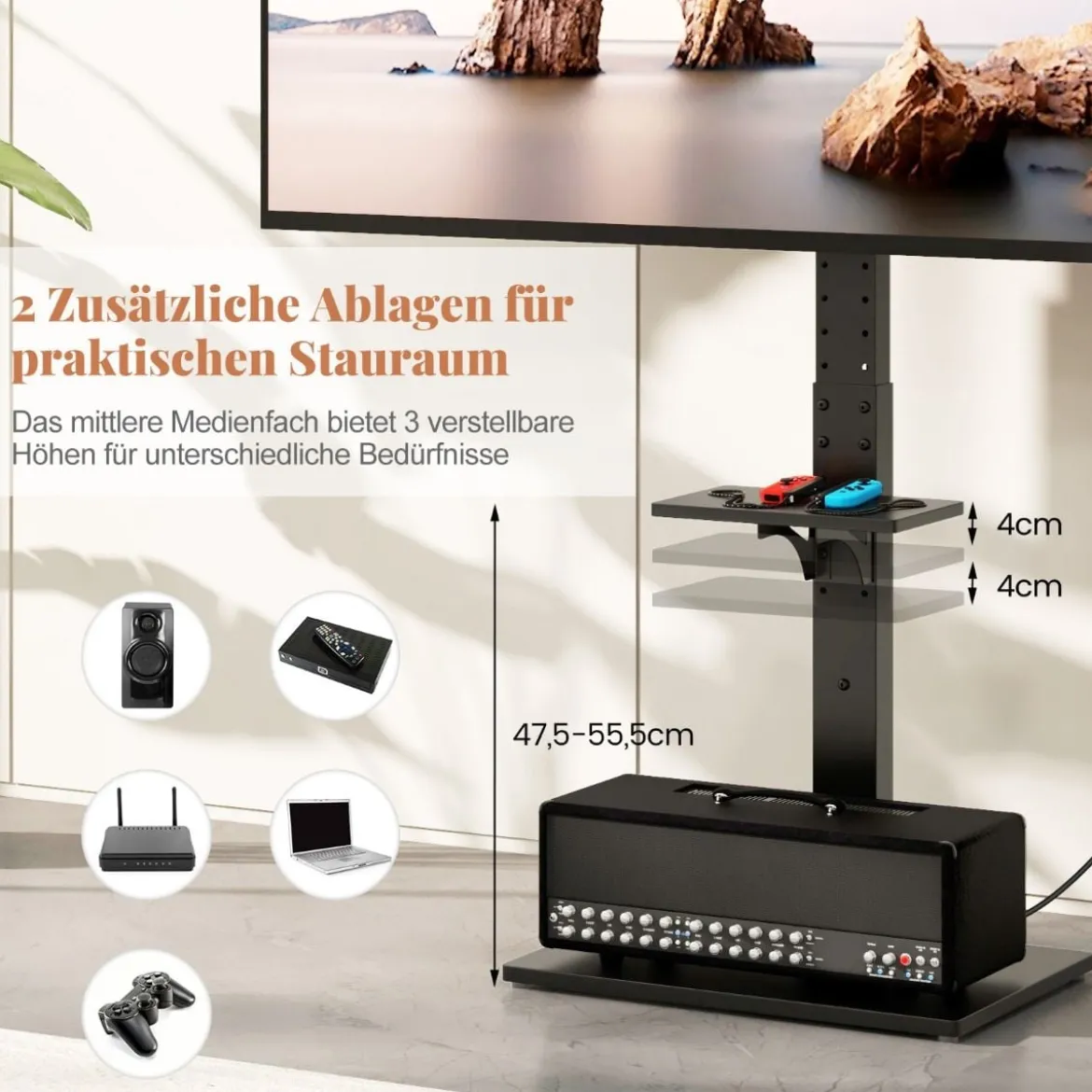 TV Ständer für 32-70 Zoll Flach & Curved Fernseher bis zu 45 KG TV-Standfüße 108-132 cmhöhenverstellbar mit 2 Steckdosen &USB-/ Type C