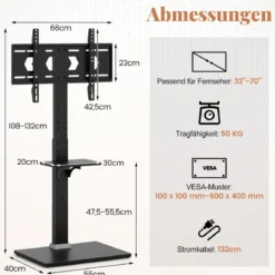 TV Ständer für 32-70 Zoll Flach & Curved Fernseher bis zu 45 KG TV-Standfüße 108-132 cmhöhenverstellbar mit 2 Steckdosen &USB-/ Type C