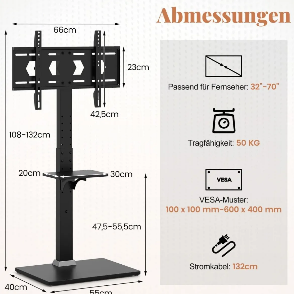 TV Ständer für 32-70 Zoll Flach & Curved Fernseher bis zu 45 KG TV-Standfüße 108-132 cmhöhenverstellbar mit 2 Steckdosen &USB-/ Type C