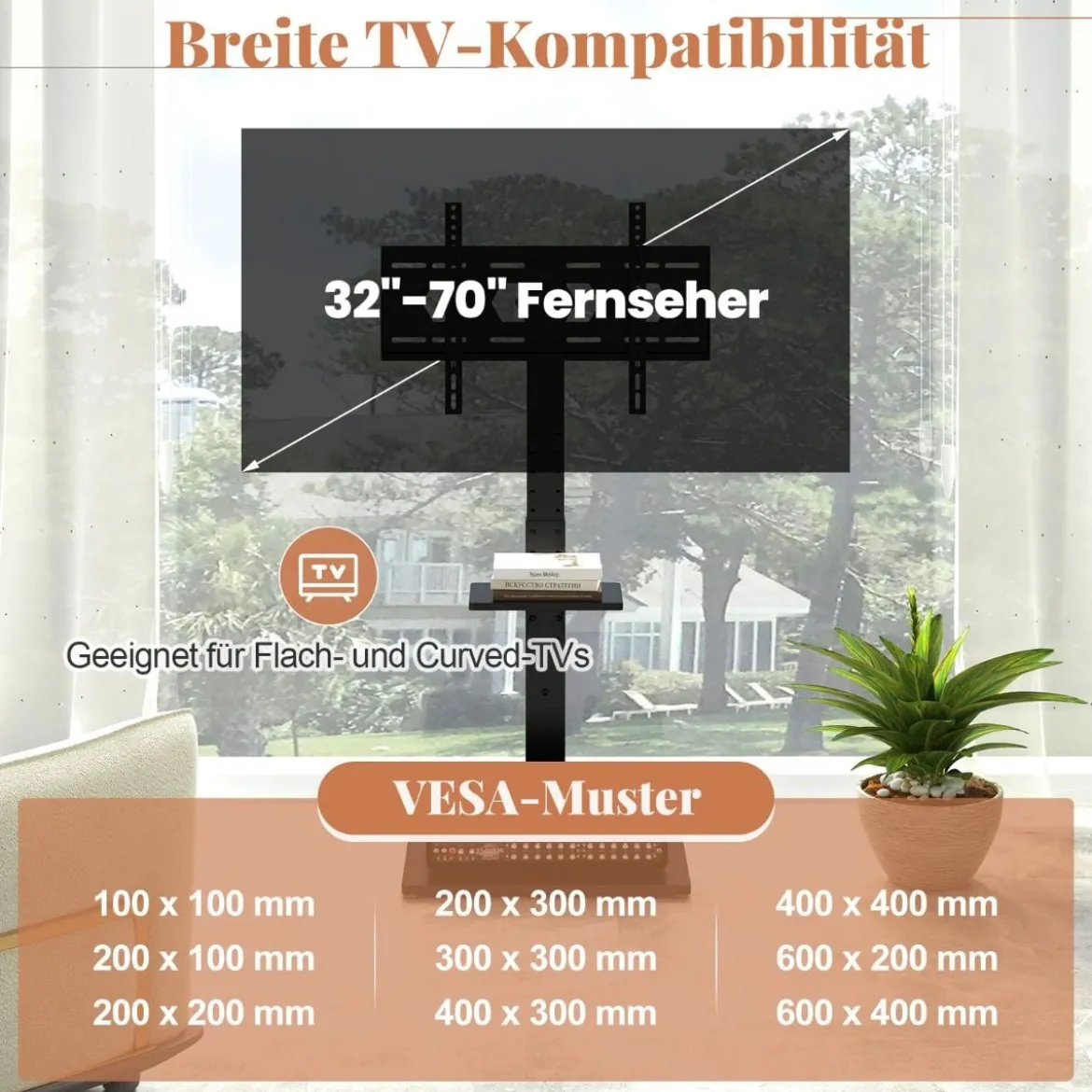 TV Ständer für 32-70 Zoll Flach & Curved Fernseher bis zu 45 KG TV-Standfüße 108-132 cmhöhenverstellbar mit 2 Steckdosen &USB-/ Type C
