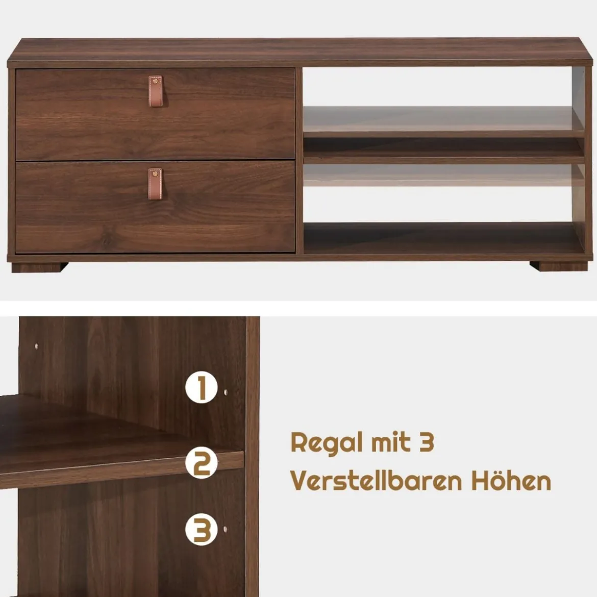 TV-Ständer Industrielles TV-Regal mit 2 Schubladen für Fernseher bis zu 55 Zoll Nussbaum
