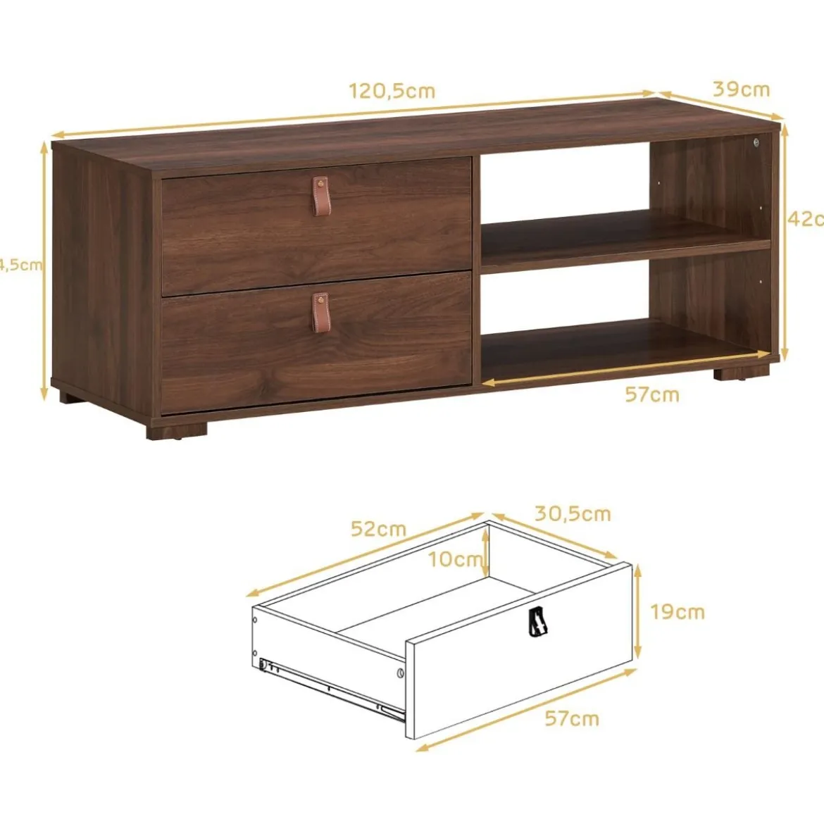 TV-Ständer Industrielles TV-Regal mit 2 Schubladen für Fernseher bis zu 55 Zoll Nussbaum