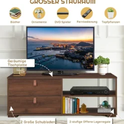 TV-Ständer Industrielles TV-Regal mit 2 Schubladen für Fernseher bis zu 55 Zoll Nussbaum
