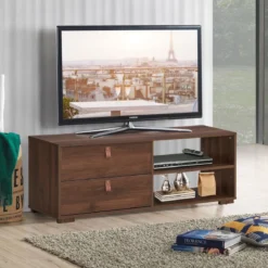 TV-Ständer Industrielles TV-Regal mit 2 Schubladen für Fernseher bis zu 55 Zoll Nussbaum
