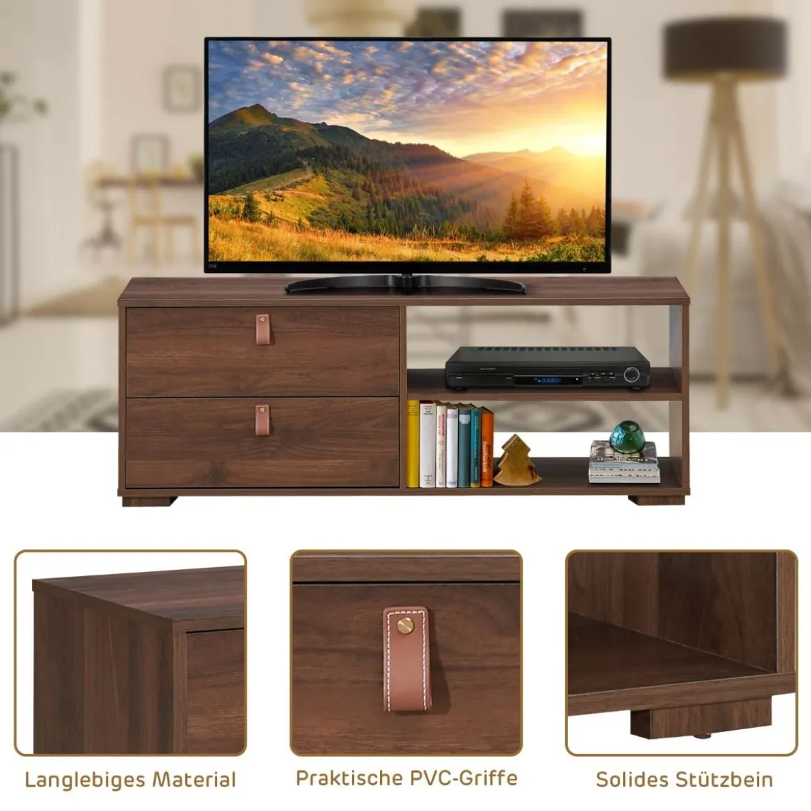 TV-Ständer Industrielles TV-Regal mit 2 Schubladen für Fernseher bis zu 55 Zoll Nussbaum