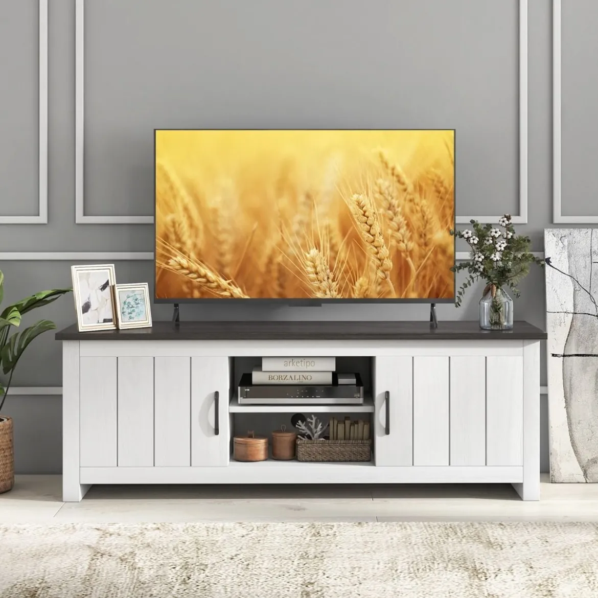 TV-Ständer mit 2 Türen & 2 Schränken & Offenen Regalen Fernsehtisch für Fernseher bis 65" Dunkelgrau