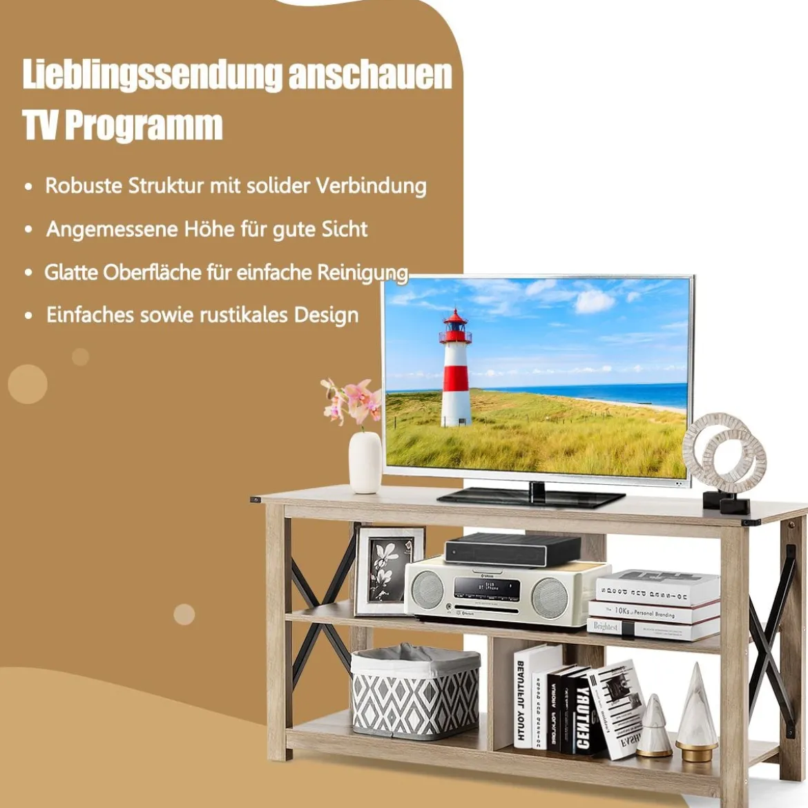 TV-Ständer 3 stöckiger mit offenen Regalen & Metall X-Rahmen industrieller Konsolentisch Grau
