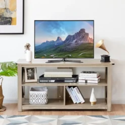 TV-Ständer 3 stöckiger mit offenen Regalen & Metall X-Rahmen industrieller Konsolentisch Grau