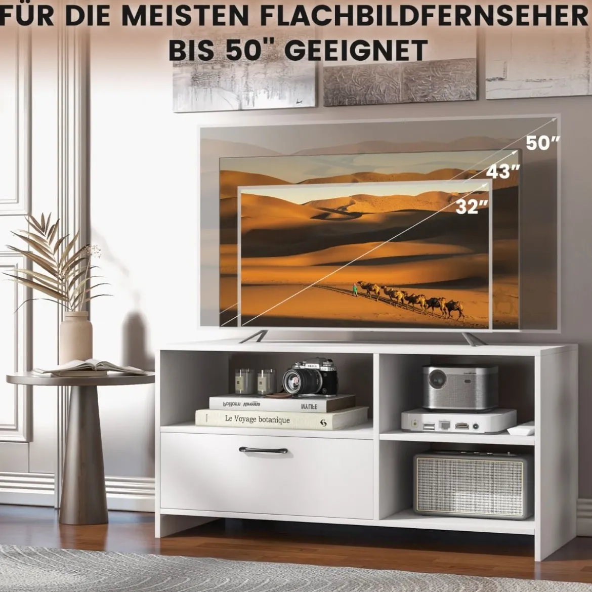 TV Ständer TV-Schrank für Fernseher mit offenen Fächern und Schublade 104,5 x 51,5 x 52 cmWeiß