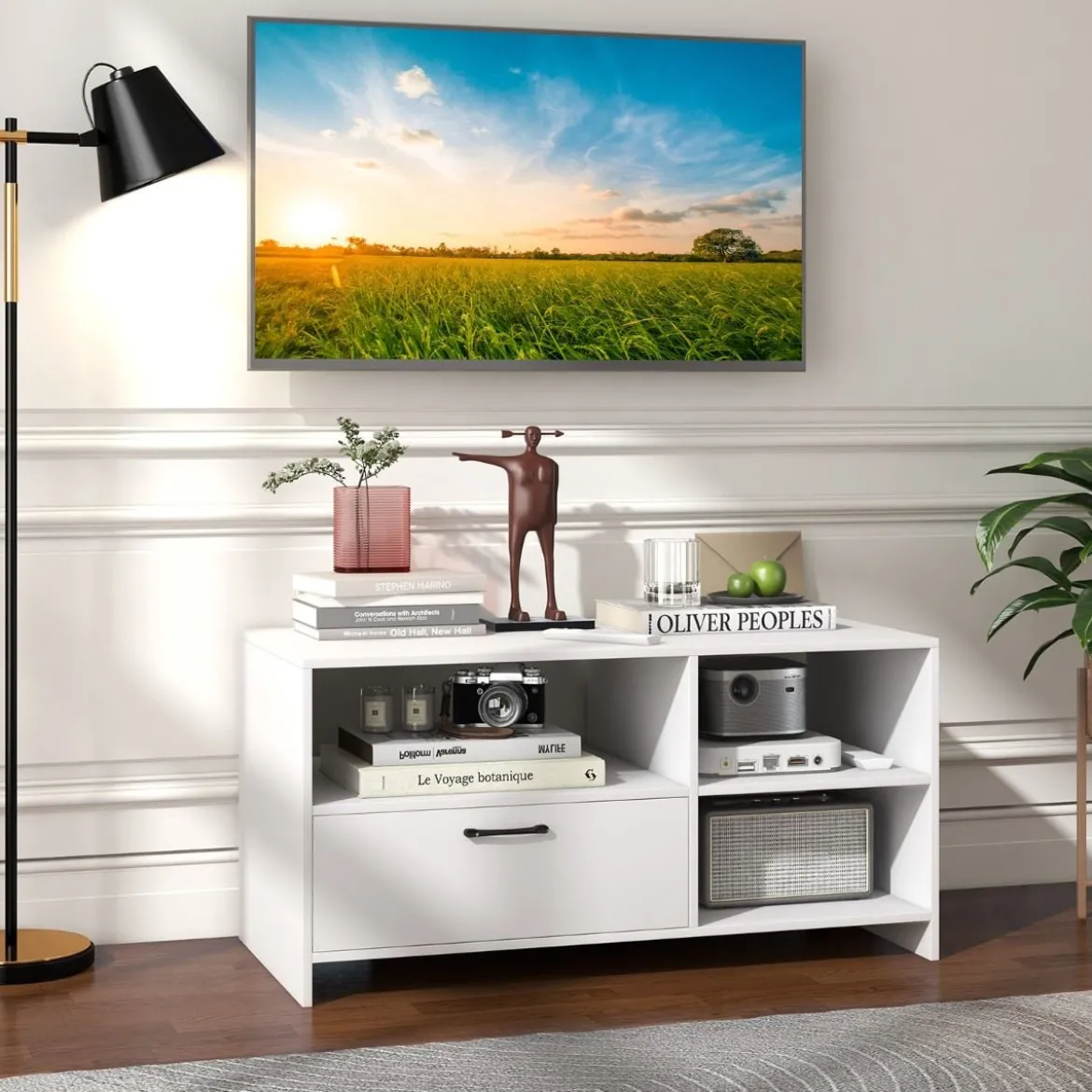 TV Ständer TV-Schrank für Fernseher mit offenen Fächern und Schublade 104,5 x 51,5 x 52 cmWeiß
