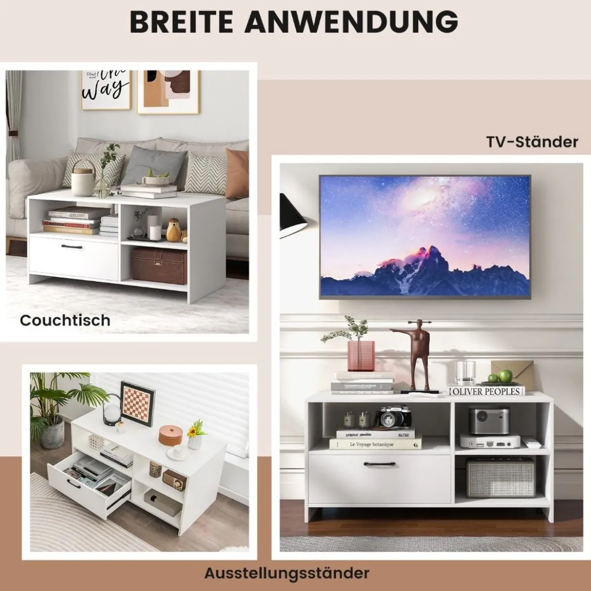 TV Ständer TV-Schrank für Fernseher mit offenen Fächern und Schublade 104,5 x 51,5 x 52 cmWeiß