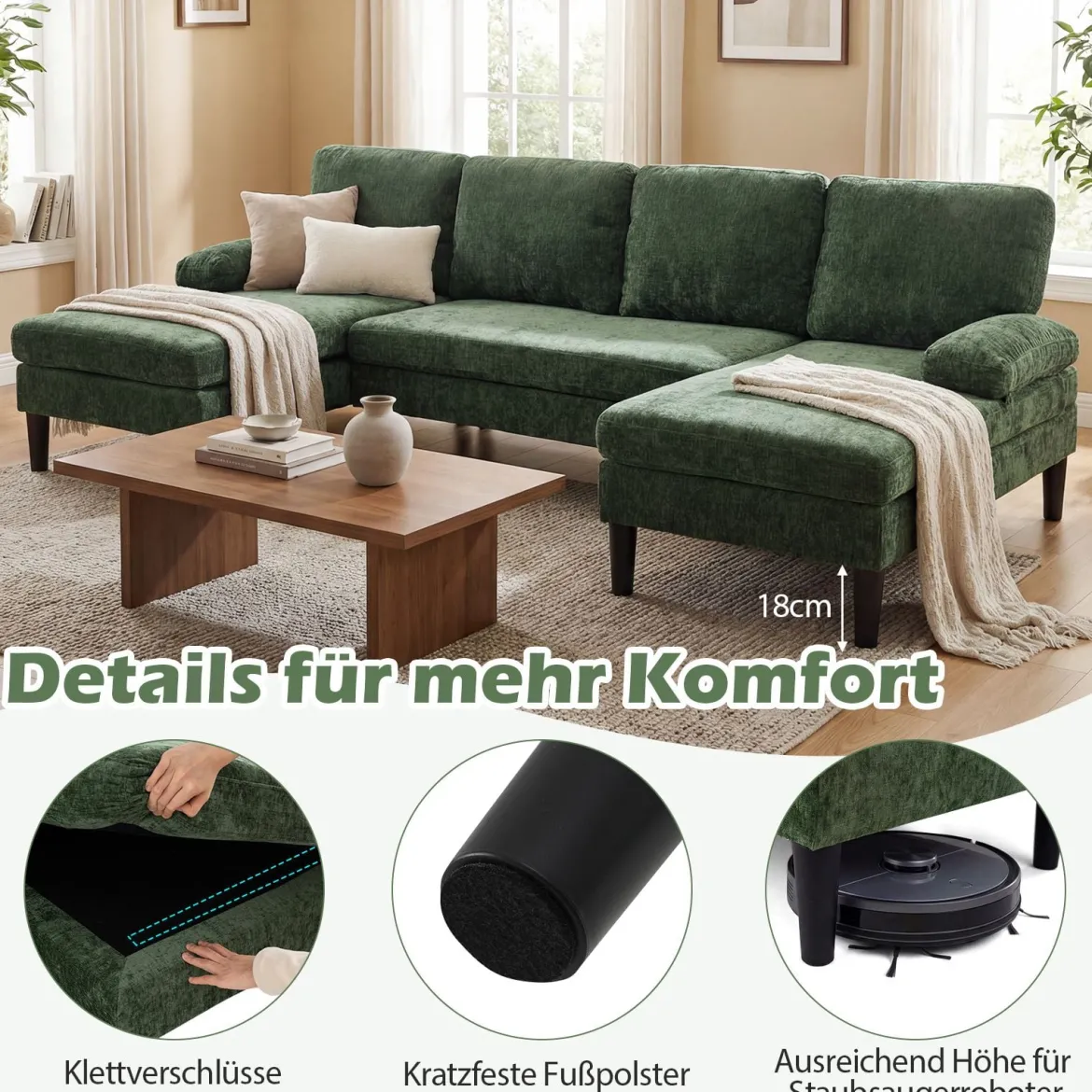 U-förmige Couch für 5-6 Sitzer Clound Ecksofa mit Bezug aus Cordstoff Modernes Schlafsofa Grün