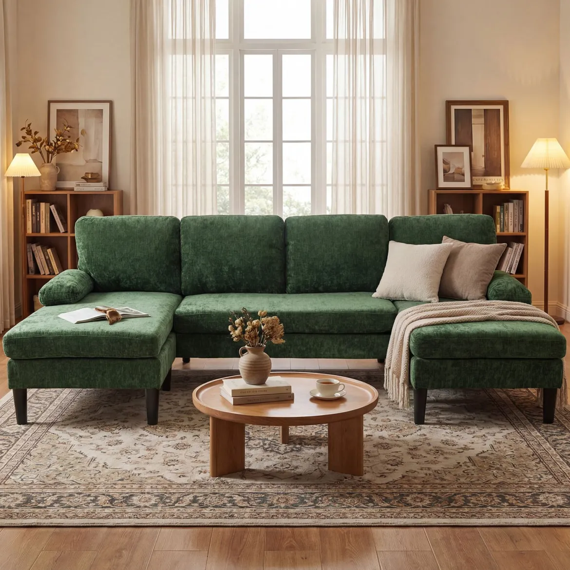 U-förmige Couch für 5-6 Sitzer Clound Ecksofa mit Bezug aus Cordstoff Modernes Schlafsofa Grün