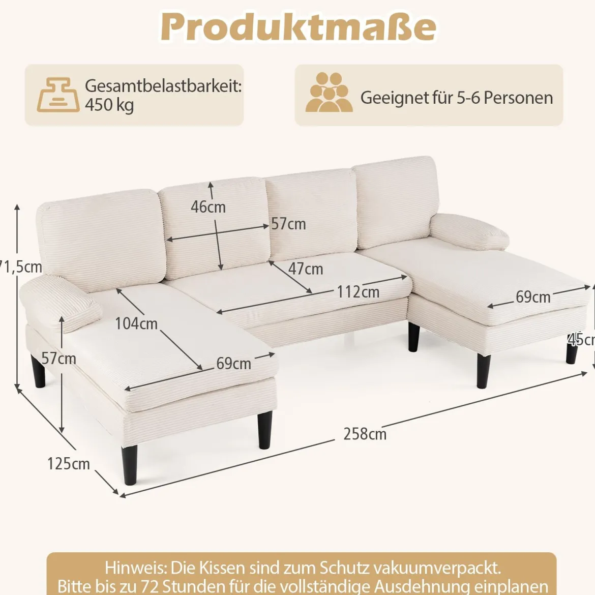 U-förmige Couch für 5-6 Sitzer Clound Ecksofa mit Bezug aus Cordstoff Modernes Schlafsofa Beige