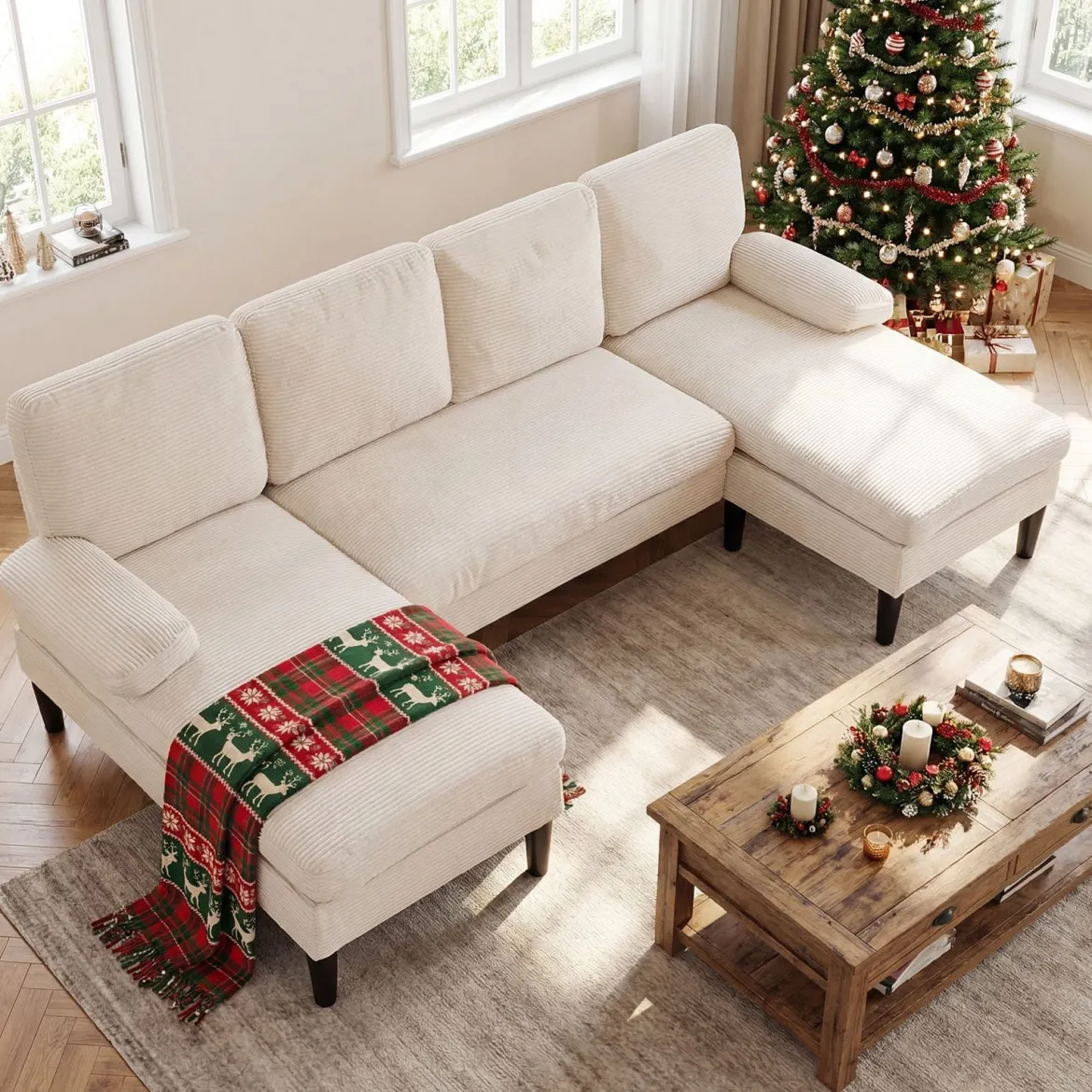 U-förmige Couch für 5-6 Sitzer Clound Ecksofa mit Bezug aus Cordstoff Modernes Schlafsofa Beige
