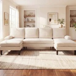 U-förmige Couch für 5-6 Sitzer Clound Ecksofa mit Bezug aus Cordstoff Modernes Schlafsofa Beige