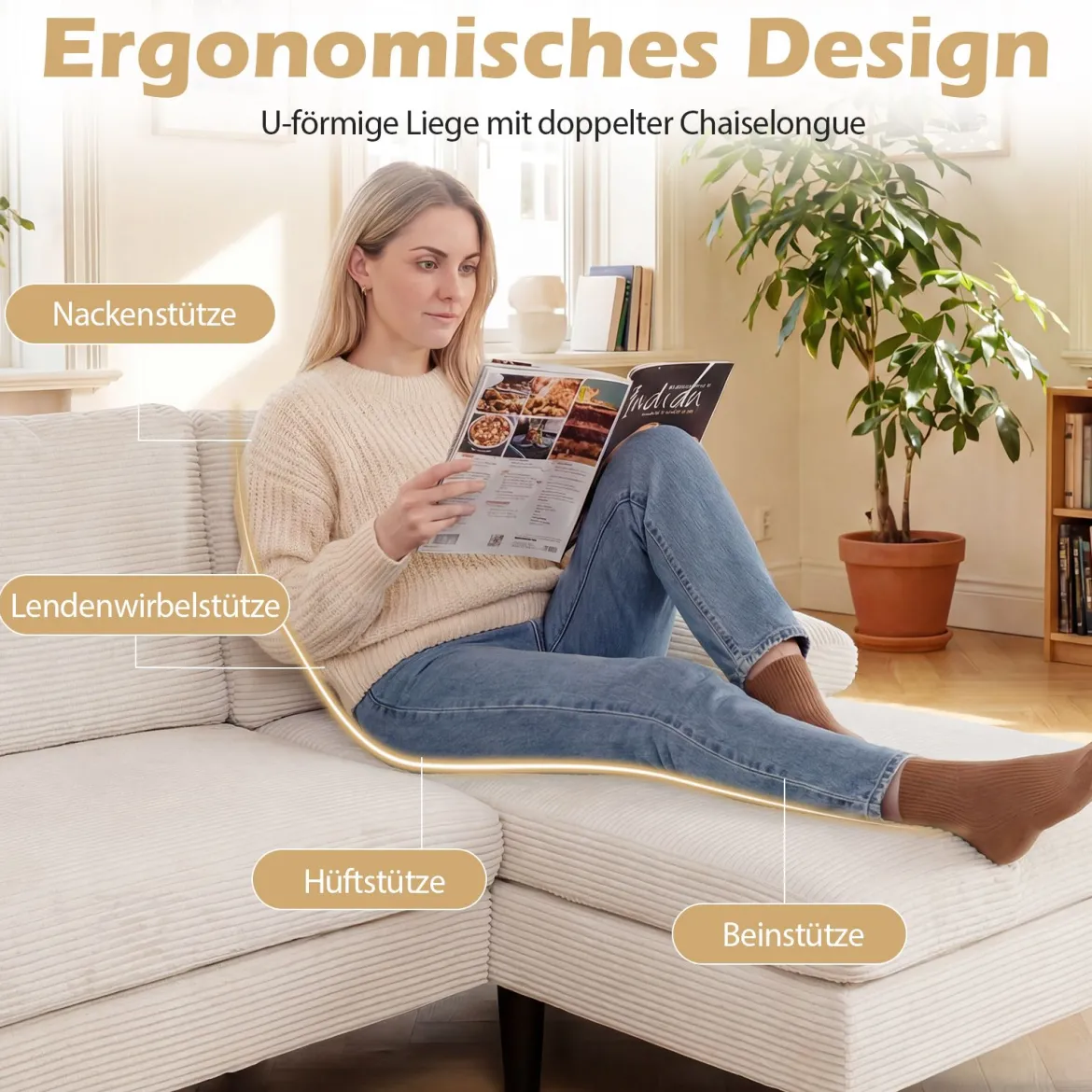 U-förmige Couch für 5-6 Sitzer Clound Ecksofa mit Bezug aus Cordstoff Modernes Schlafsofa Beige