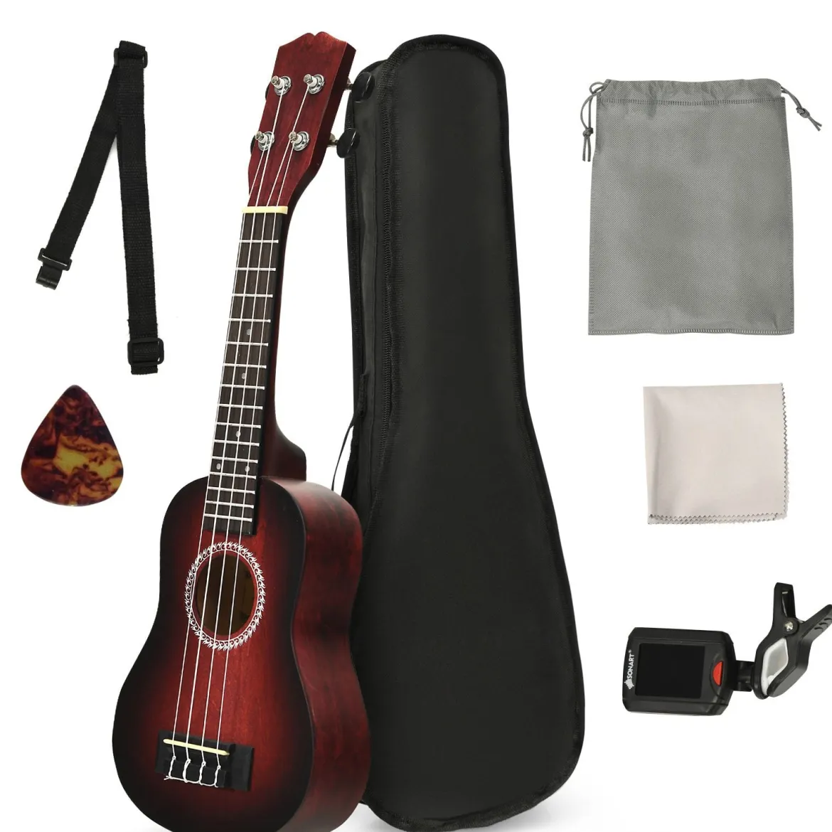 Ukulelen-Set Professionelles Ukulelen-Set aus Holz mit Tragetasche 17,5 x 6 x 53 cm Rot
