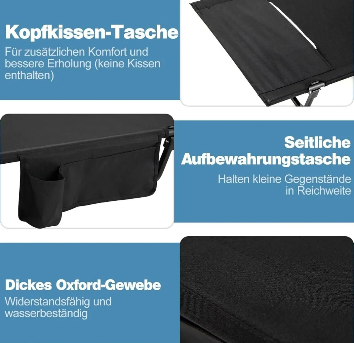 Ultraleichtes Feldbett Campingbett mit Seitentasche Tragbares Klappbett 150 kg Tragkraft Schwarz