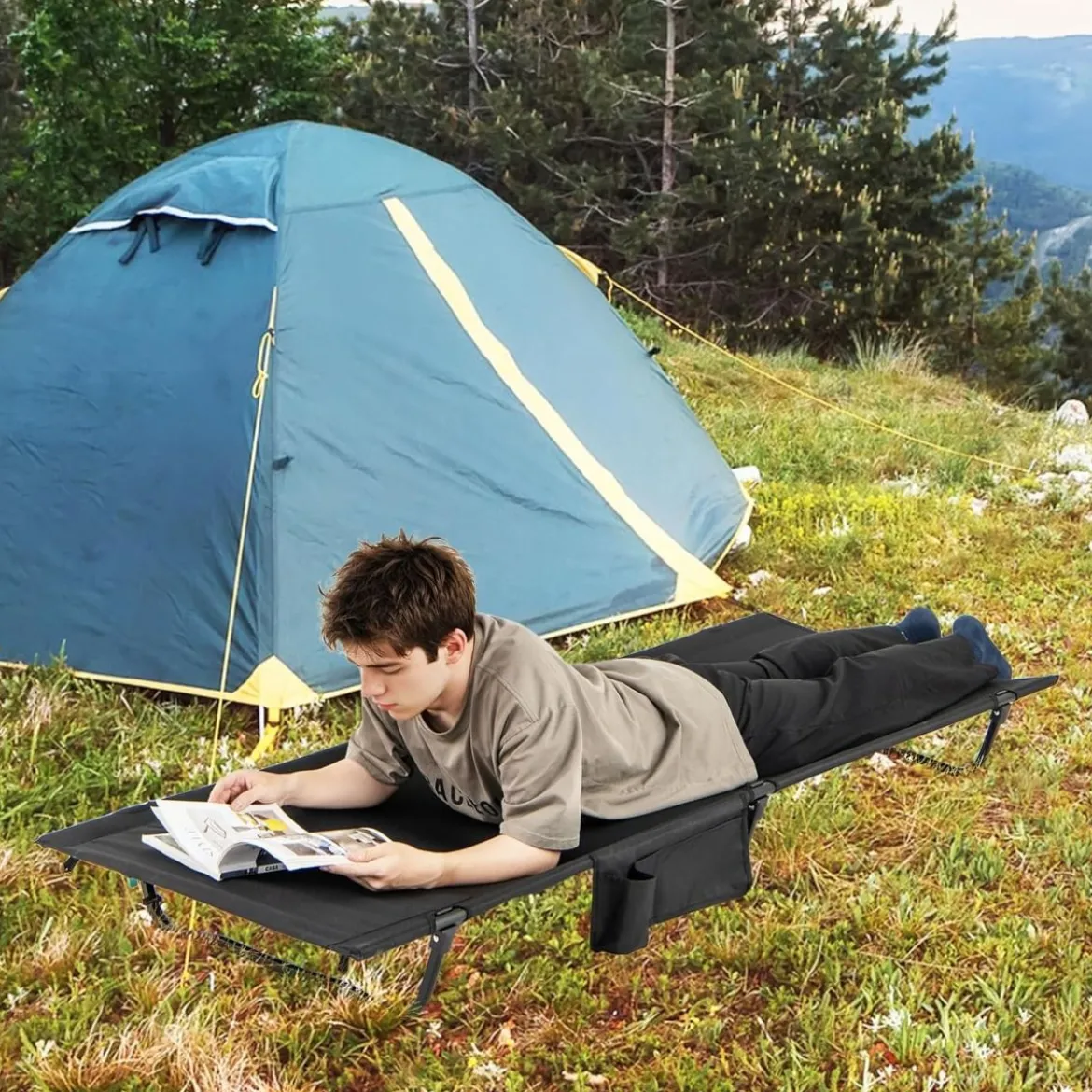 Ultraleichtes Feldbett Campingbett mit Seitentasche Tragbares Klappbett 150 kg Tragkraft Schwarz