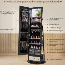 Um 360° drehbarer Schmuckschrank mit Ganzkörperspiegel abschließbarer Schmuckständer mit Haartrocknerständer Schwarz