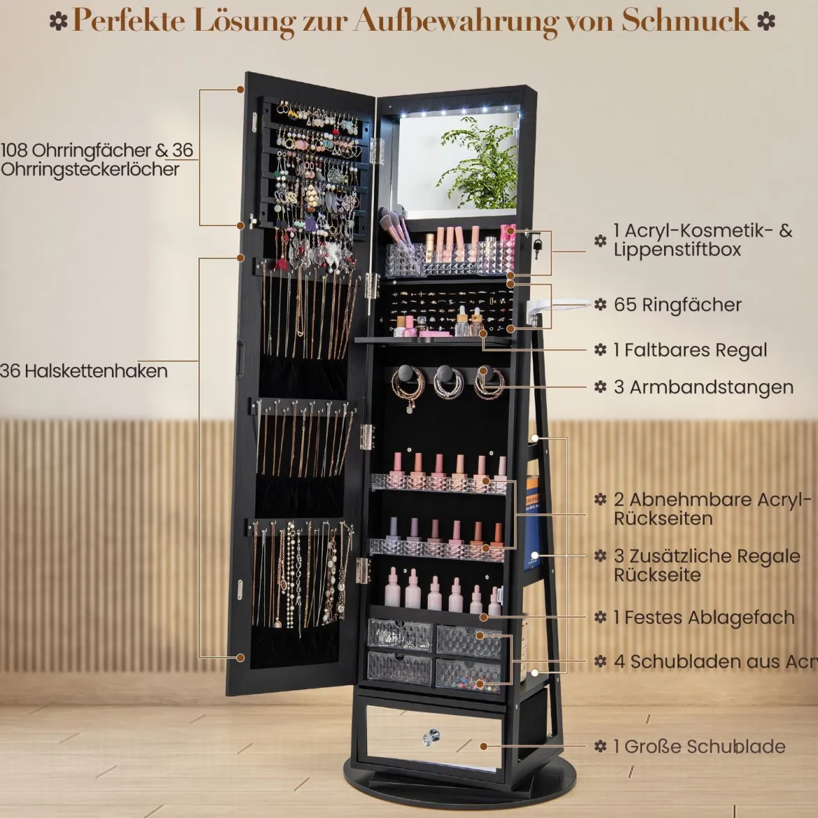 Um 360° drehbarer Schmuckschrank mit Ganzkörperspiegel abschließbarer Schmuckständer mit Haartrocknerständer Schwarz